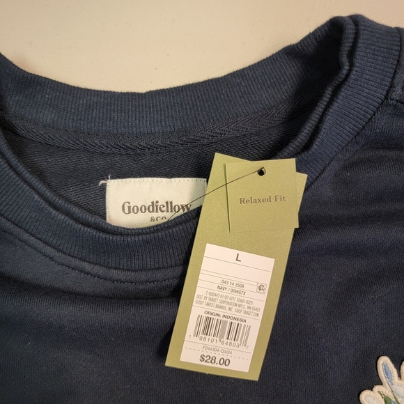 Goodfellow Pullover Crew Neck Sweatshirt Flower Embroidery Blue Size L - Picture 6 of 7